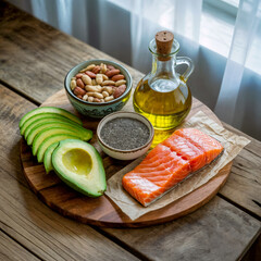 Healthy fats on rustic wooden table &ndash; salmon, avocado, olive oil, chia seeds, and nuts