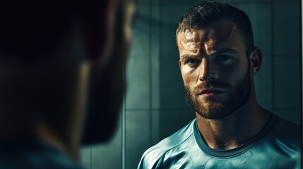 A solitary pro player staring into a mirror, reflection showing past victories fading behind weary eyes