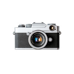 Sleek silver and black 35mm film camera, frontal view, showcasing lens and controls