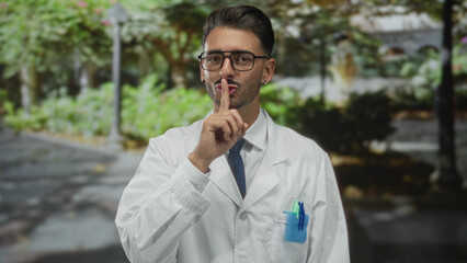 Hispanic man in white lab coat and glasses gestures finger to lips for silence on street; quiet...