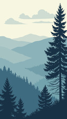 Fototapeta premium Serene Nature Background: Foggy Pine Woods and Distant Blue Mountains