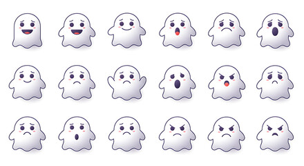 A collection of cartoon ghosts with various facial expressions, displayed in a grid.