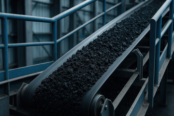 Obraz premium Coal being transported on an industrial conveyor belt system inside a processing facility, highlighting mining and energy production