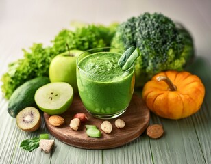 healthy dieting and nutrition lifestyle and vegetarian concept green smoothie with organic ingredients vegetables smoothie