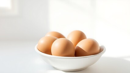 Fresh brown eggs nestled in a ceramic bowl, showcasing natural textures against a soft white backdrop.