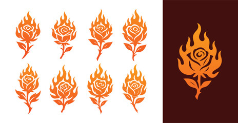 Flaming Rose Logo Set – Orange Fire Flower Icons for Creative Branding and Design