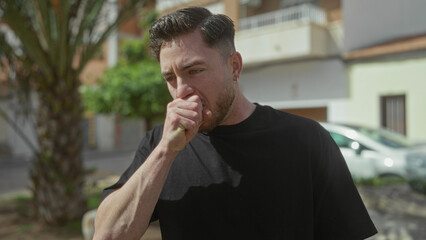 Fototapeta premium Young man with beard outdoors in city street coughing into fist while standing in front of buildings and parked cars during daylight.