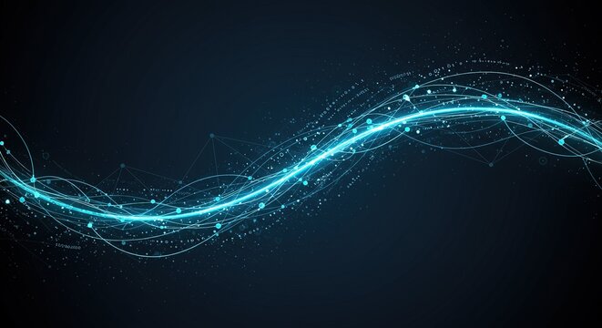 Glowing turquoise energy wave conveys digital network communication on a dark background, perfect for modern technology and science visuals.