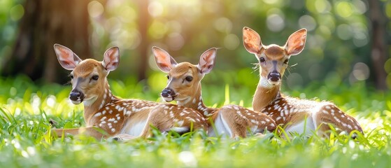 A selective focus of a group of deers having rest in the grass with blurred forest background