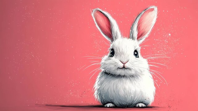 Adorable White Cartoon Rabbit on Pink Background
