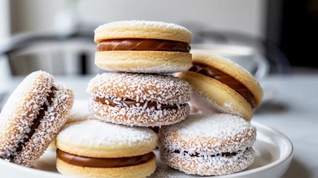 A stack of delicious alfajores cookies with creamy dulce de leche, coconut and sugar powder on a plate, representing the culinary arts, baking industry and gourmet dessert concepts