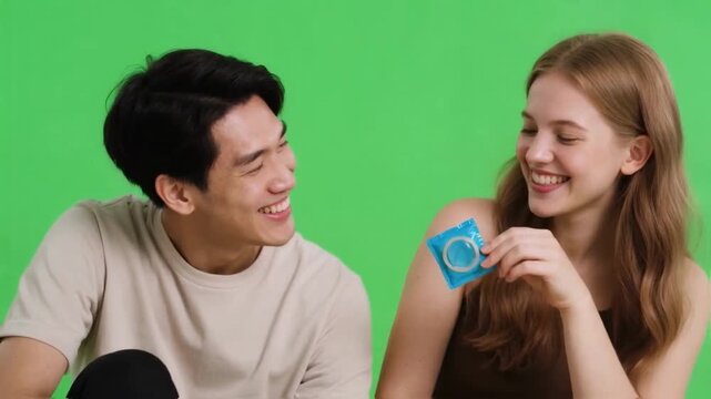 Happy diverse couple smiling and holding a condom together on a green screen, promoting safe sex, mutual responsibility in relationships, and contraception for young adults