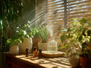 Aromatherapy action with essential oils and indoor plants home environment still life natural light