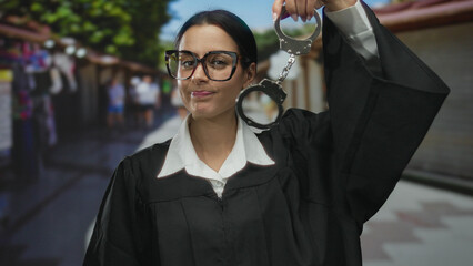 Hispanic woman in lawyer robe holds handcuffs in outdoor market setting, blending justice with...