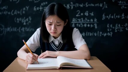 Asian schoolgirl struggles to solve a difficult math problem at her desk in a classroom, representing educational challenges, learning difficulties, and academic perseverance - Powered by Adobe