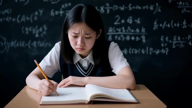Asian schoolgirl struggles to solve a difficult math problem at her desk in a classroom, representing educational challenges, learning difficulties, and academic perseverance