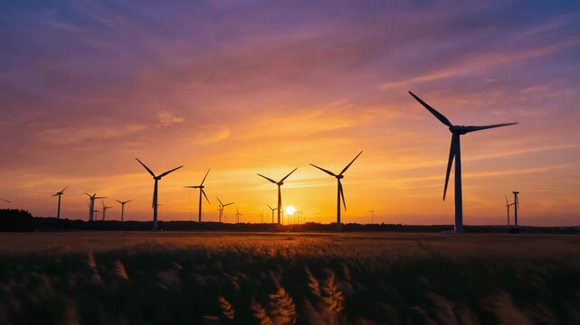 Timelapse of sunset over a modern wind farm, slow tilt-up from grass to turbines silhouetted against the sun