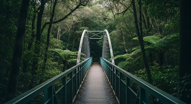 A weathered wooden bridge with green railings leads through a dense, lush green forest