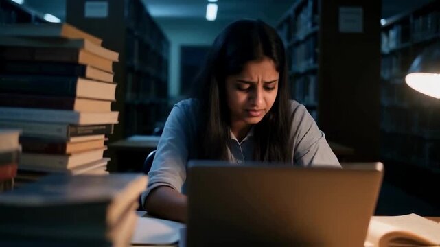 Stressed female student is overwhelmed by studying with a laptop and many books late at night in a library, illustrating academic pressure, burnout and mental health