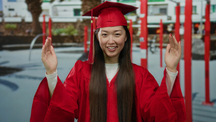 Asian woman in red graduation gown celebrating outdoors with long hair and smiling expression...