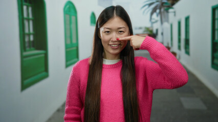 Woman pointing nose while standing outdoors in a city street, wearing a pink sweater; the urban...