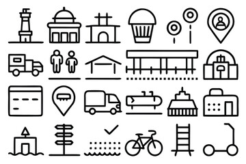 Fototapeta premium Minimalist Black Line Icons of Buildings Transportation and Symbols vector