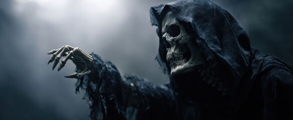 The haunting skeleton emerging from the shadows in a dark, eerie setting.