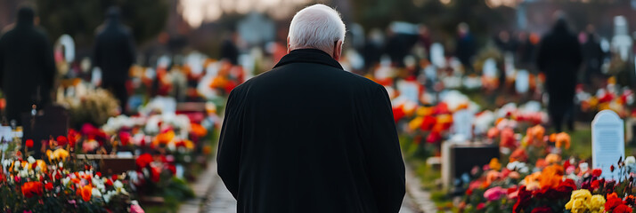 Elderly man in black coat stands among colorful flowers and headstones at a cemetery, attending a funeral or paying respects to loved ones.