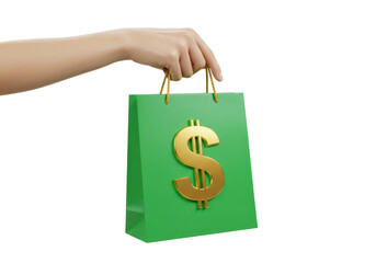 Isolated Hand Holding Green Shopping Bag with Golden Dollar Sign