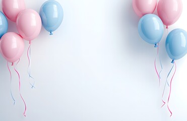 Happy Birthday greeting card with copy space. Pink and blue balloons on white background.