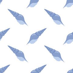 Seamless pattern with blue seashells on white background. For summer textiles and beach designs.
