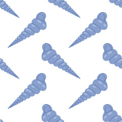Seamless pattern with blue seashells on white background. For summer textiles and beach designs, summer, ocean