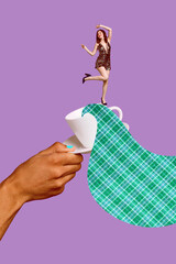 Poster image vertical photo collage of happy girl guy stand coffee cup drink herbal tea beverage...