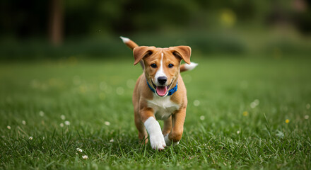 Playful puppy running joyfully in a green field with soft sunlight &ndash; adorable and lively pet moment perfect for animal lovers, outdoor lifestyle, happiness, and heartwarming scenes

