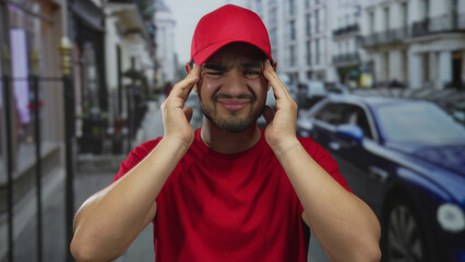 Young hispanic man in red shirt and cap pressing temples with both hands on a bustling city street;...