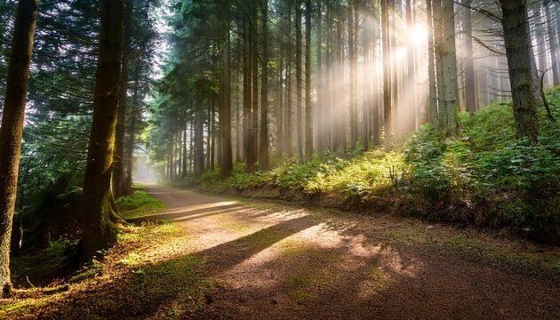 Fototapeta mystical sunlight filtering through the dense canopy of tall evergreen trees along a forest path