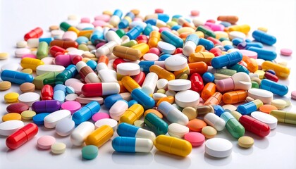 Scattered multicolored capsules and tablets pills medicine