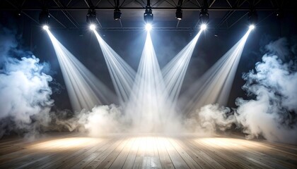 Stage spotlights beam through fog smoke beams