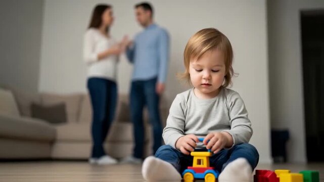 Sad lonely toddler sitting on the floor with toys while parents are arguing in the background, a concept of family conflict, divorce and its effect on children's mental health