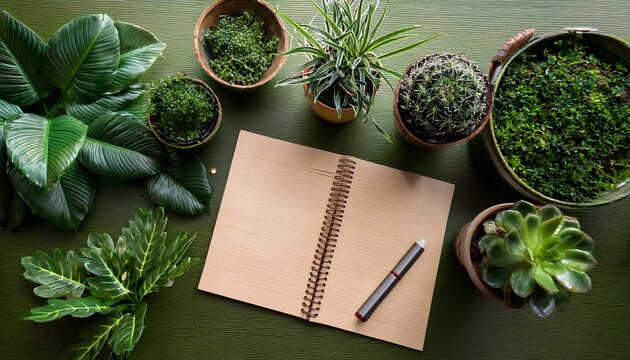 flat lay of plants and notebook on desk for creative work green theme