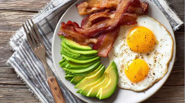 Ketogenic diet breakfast with fried eggs, bacon and avocado slices