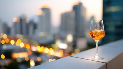 Orange cocktail standing on a ledge overlooking city at dusk