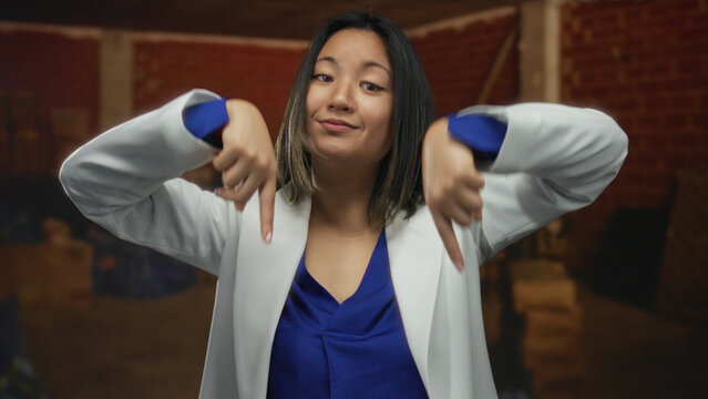 Chinese woman in blue blouse with white blazer expressing disapproval indoors at a construction site, pointing down with both hands surrounded by brick walls and tools. - Powered by Adobe