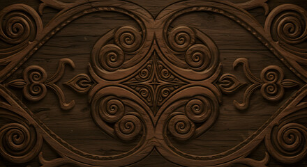 Intricate Wood Carving with Ornamental Swirls and Tribal Symmetry