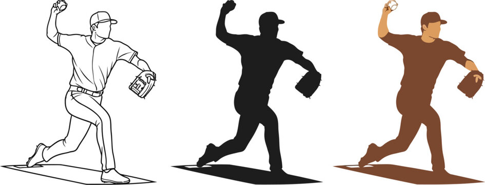 Three baseball pitcher illustrations showcase a player in action, throwing a ball with a glove, presented in line art, silhouette, and solid color styles for sports design projects.