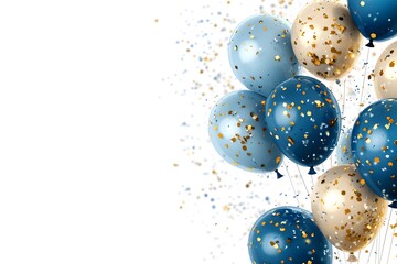 Abstract floating white and blue balloon, gold confetti. Grand opening, children party, festival