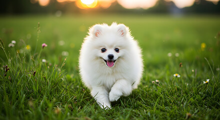 Playful puppy running joyfully in a green field with soft sunlight – adorable and lively pet moment perfect for animal lovers, outdoor lifestyle, happiness, and heartwarming scenes

