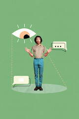 Picture banner collage of person stand amazed under eye with text box chat on green background