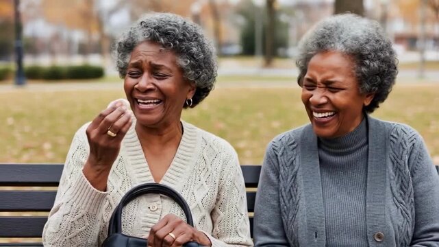 Two elderly african american female friends laughing together on a park bench, one wiping away tears of joy, embodying friendship, happy retirement and positive senior lifestyle