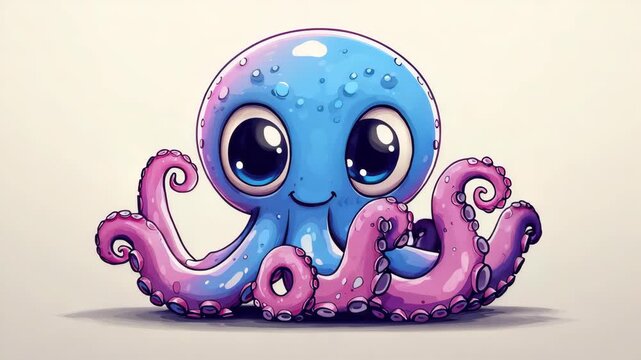 Cute Cartoon Blue And Pink Octopus Illustration